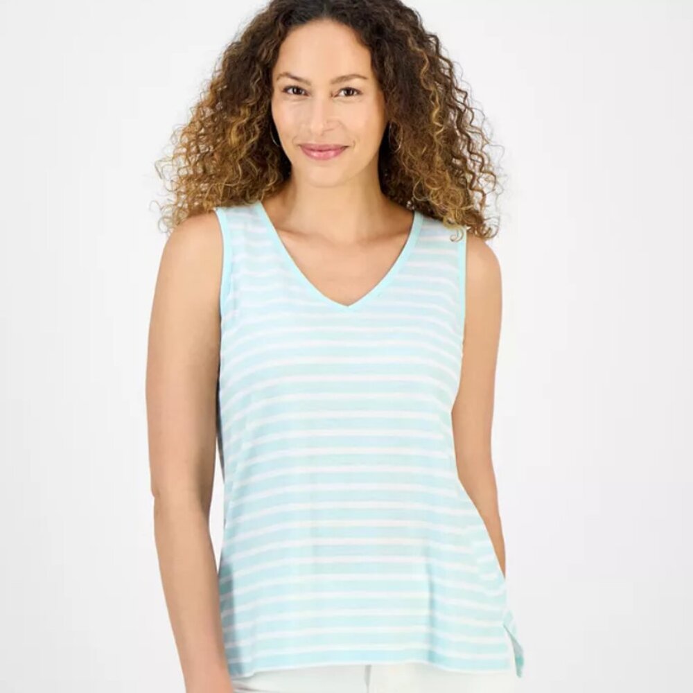 Style & Co Petite Striped Easy Fit Tank Top, Minty Turquoise, Size: PM